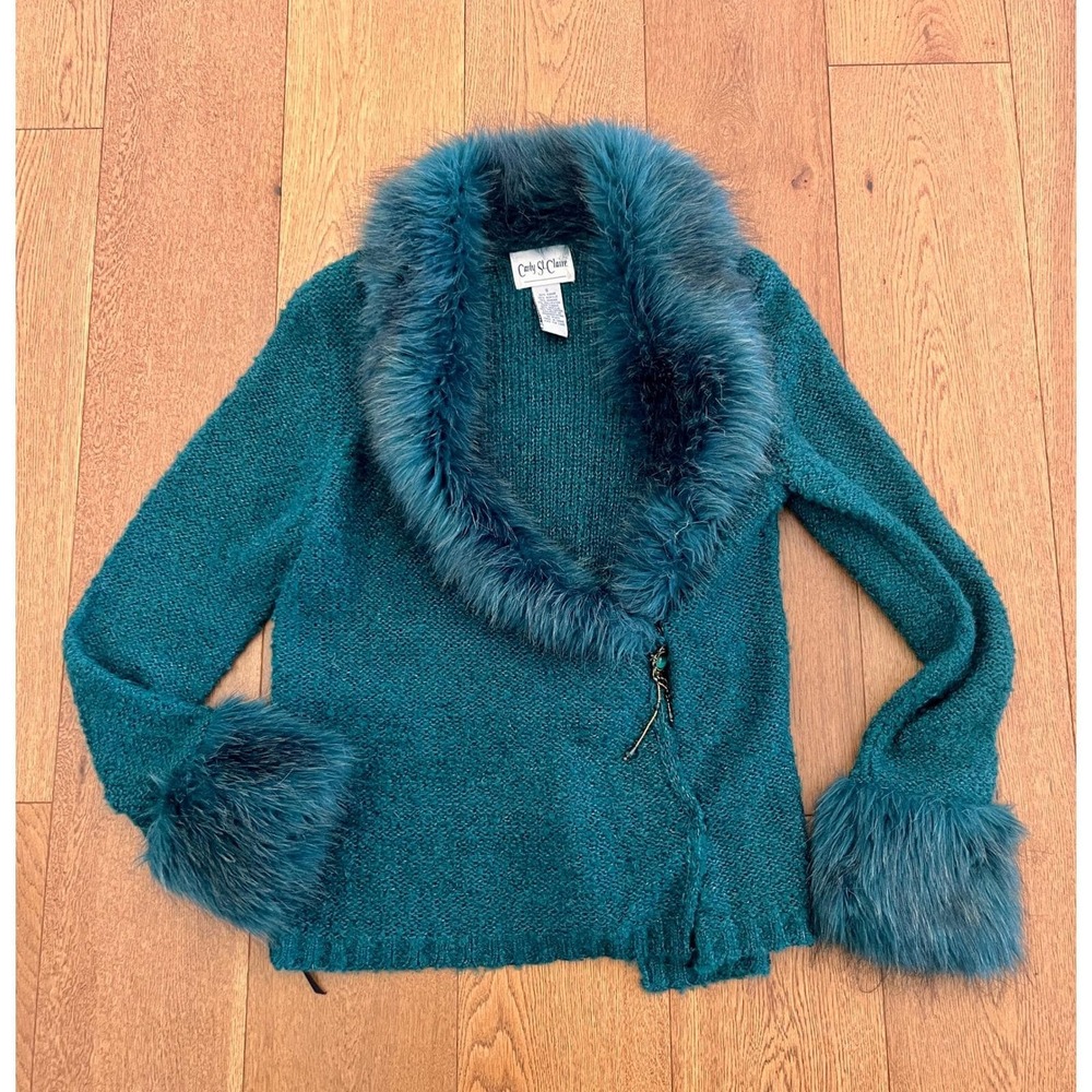 Vintage Teal Faux Fur Collar Jacket Turquoise Stone Tassel Sz S Carly St Claire - Picture 7 of 15